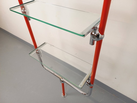Image 1 of Modular Bauhaus-style vintage bookcase in red metal, chrome and glass from the 1970s