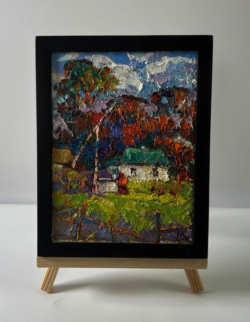 Original Oil Painting Autumn Village Landscape Country Day Near The Well – schilderijen tekeningen, Canvas