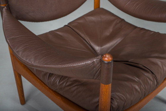 Image 1 of  Mid-Century Modern Danish Oak and Leather Lounge Chairs with Ottoman by Kristian Vedel for Søren Wiladsen, 1960s, Set of 3