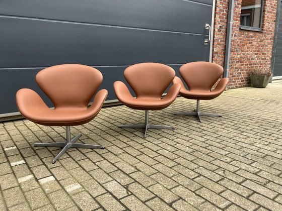 Image 1 of 3 sillas Swan de Fritz Hansen, de cuero color coñac, ¡en perfecto estado!