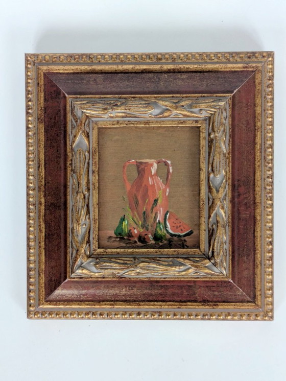 Image 1 of Vintage Still Life Oil Painting, Pottery Jar and Fruit, Florentine Frame