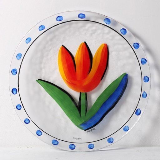 Vintage Kosta Boda Scandinavian flower design platter by Ulrica Hydman Vallien / Sweden / 1991