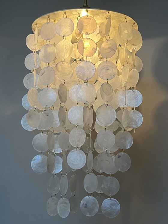 Image 1 of Set Of 2 Capiz Shell Pendant Lamps Pearl Shell Gold Details ! Luxury Execution