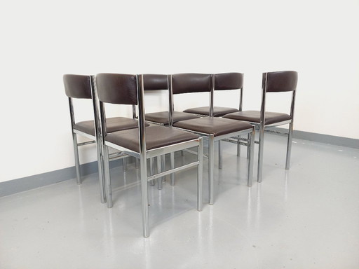 Suite de 6 chaises vintage des années 70 en métal chromé et skai marron