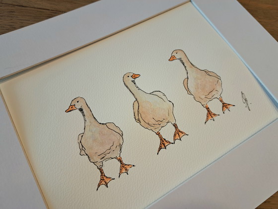 Image 1 of Watercolor painting Three Geese original | light brown wooden frame