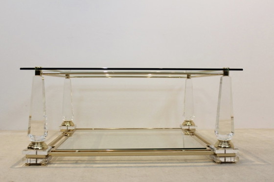 Lucite, Messing en Glas Obelisk Salontafel, Koffietafelboeken, Hollywood Regency (foto 7 van 10)