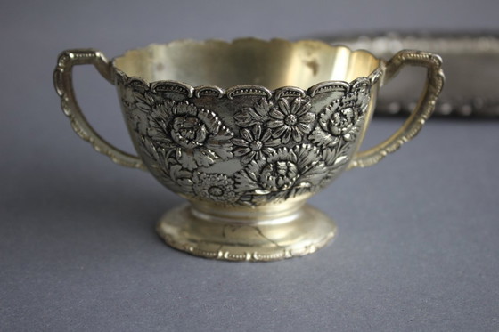 Image 1 of Decorative sugar and cream/milk set with tray, brand TK, silver-plated