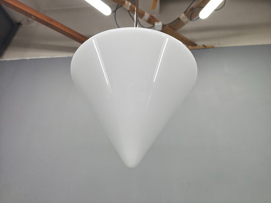Image 1 of Art Deco Style Pendant Light, Chrome & Milk Glass, 1970s