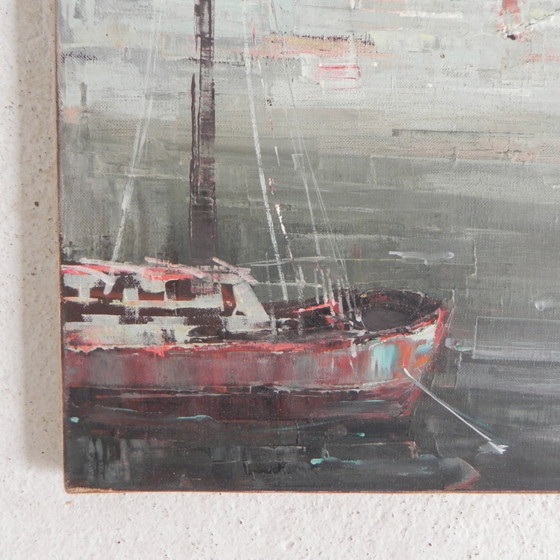 Image 1 of Peinture d'un paysage urbain avec un port, Harry Dedic, années 1960