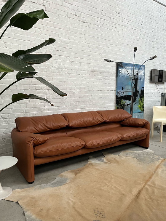 Image 1 of Large 3P Cognac Aniline Leather Maralunga by Cassina