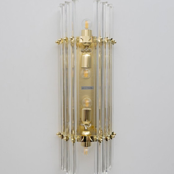 Image 1 of Paar "Triedri" lampen van messing en Muranoglas, Venini-stijl, midden 20e eeuw