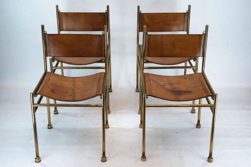 Set van 4 messing en lederen stoelen van Luciano Frigerio, Italië, jaren 70.