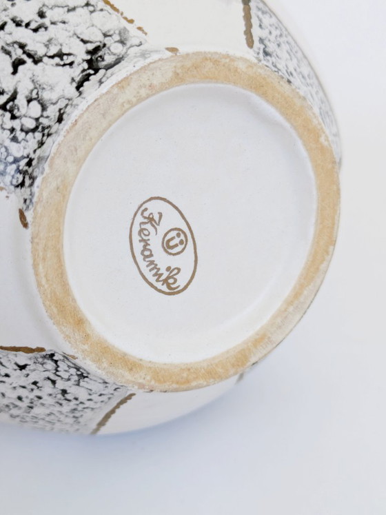 Image 1 of Midcentury Ü-Keramik Vase 1960s West German Pottery, Black and White Geometric Decor Gold Rim