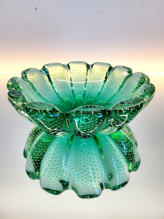 Image 1 of Bol vintage vert de Murano, technique du bubble splash, Italie, années 1970
