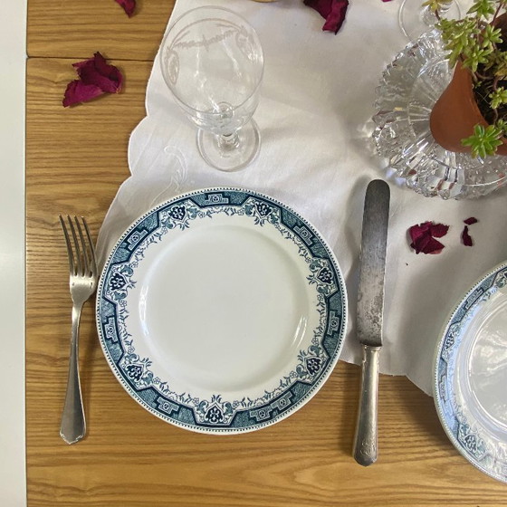 Image 1 of Set of 6 antique Saint Amand et Hamage ironstone earthenware dinner plates, Morocco blue pattern