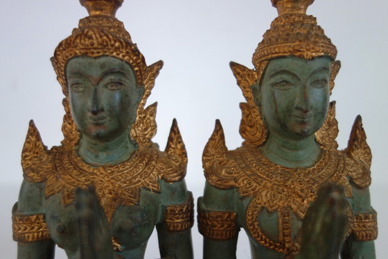 Image 1 of Couple de Statues Thephanom en Bronze Doré, Thaïlande, Années 40