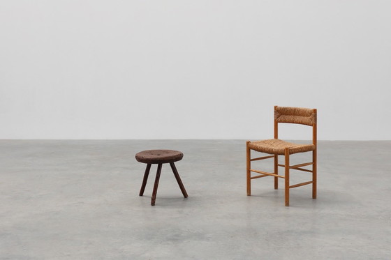 Image 1 of Rustic Wabi Sabi style solid oak tripod stool, France ca. 1850