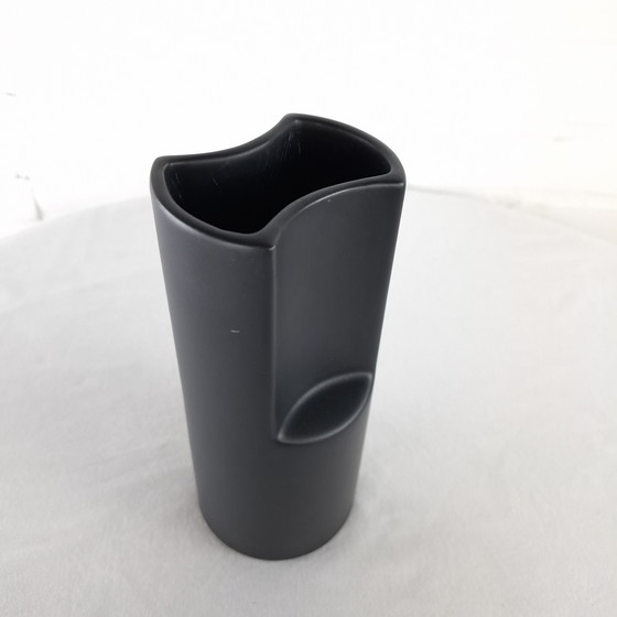 Image 1 of Vintage Flora ceramic vase 1970s matte black earthenware