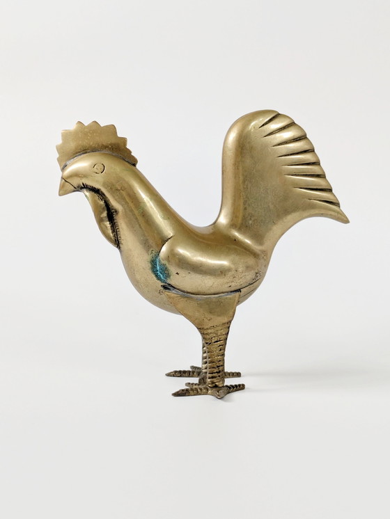 Image 1 of Figurina di gallo in ottone del Medioevo, scultura di uccello modernista stilizzato, decorazione animale in ottone vintage