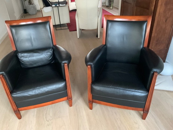 Image 1 of 2x Giorgetti Sessel, schwarzes Leder, Kirschholz