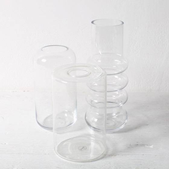 Image 1 of Set of 3 Small Clear Glass Designer Vases / Sweden / 2000s