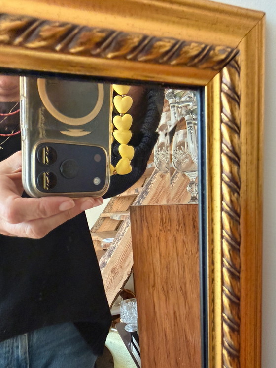 Facet cut vintage mirror with gold-colored frame, Glass, Wood (photo 6 of 8)