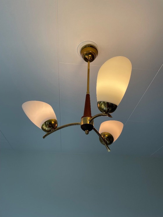 Image 1 of Mid-Century Kronleuchter aus Teak & Messing mit Schirmen aus Milchglas