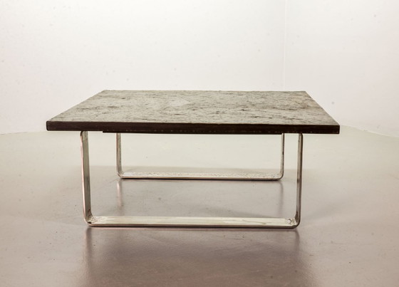 Image 1 of Mid-Century Ardesia Collection Brutalist Square Slate Stone Coffee Table in Pia Manu Style. Belgium, 1960s.