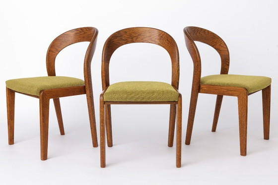 Image 1 of Set of 6 Mid Century Dining Chairs, Baumann Gondola Chairs 1970s, Oak Wood Chairs with Green Upholstery, Vintage German Dining C