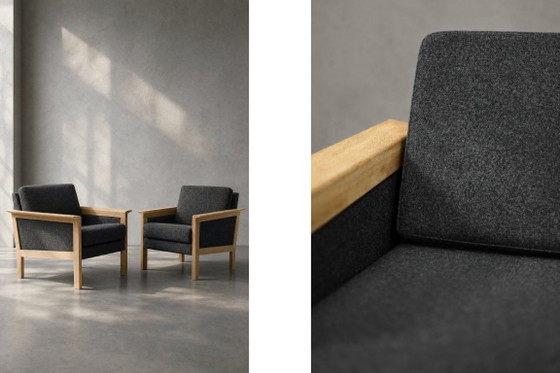 Image 1 of Vintage Mid-Century Danish Modern Oak & Felt Lounge Chairs, 1960s, Set of 2