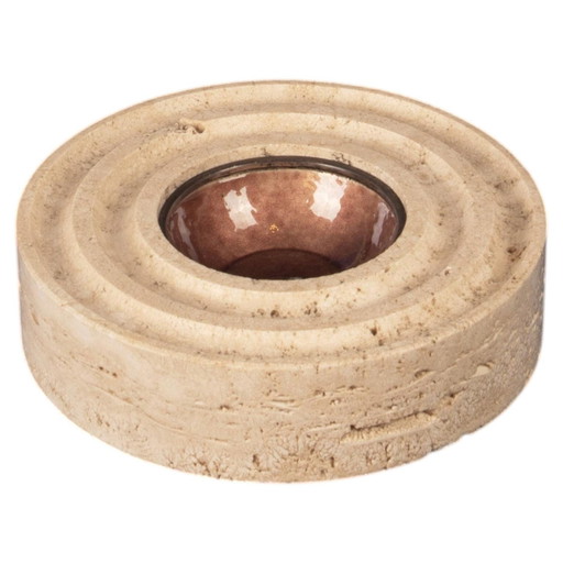 Italian Round Travertine and Copper-Toned Metal Ashtray, 1970
