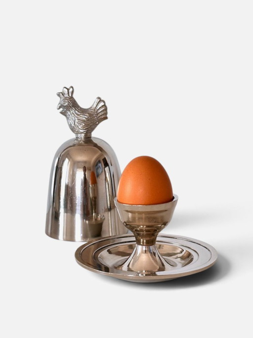 Set portauovo vintage color argento con coperchio a gallo, vassoio decorativo e campanella, Elegante decorazione da tavola stile