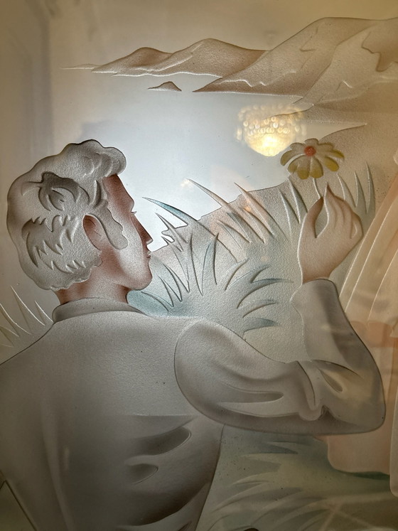 Mid-Century Romantic Pastoral Etched Mirror - Tinted Acid-Engraved Glass Art, Wood, Brown (photo 5 of 5)
