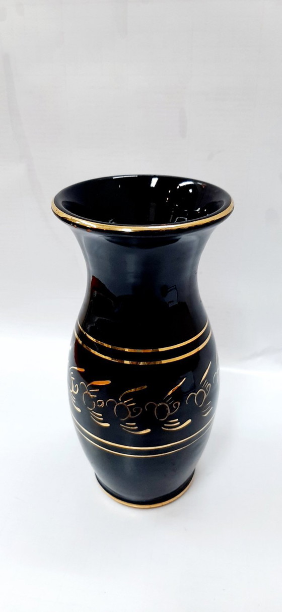 Image 1 of Vintage zwarte glazuur keramische vaas 21 cm