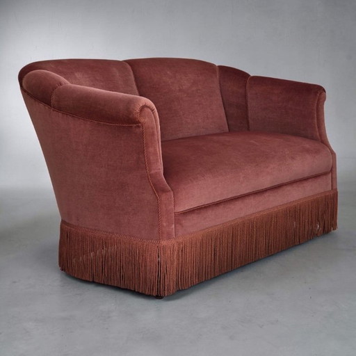Anni '60, Divano danese 2 posti, velluto d'arredamento rosa originale. – 2 zitsbanken, Velvet, Wood