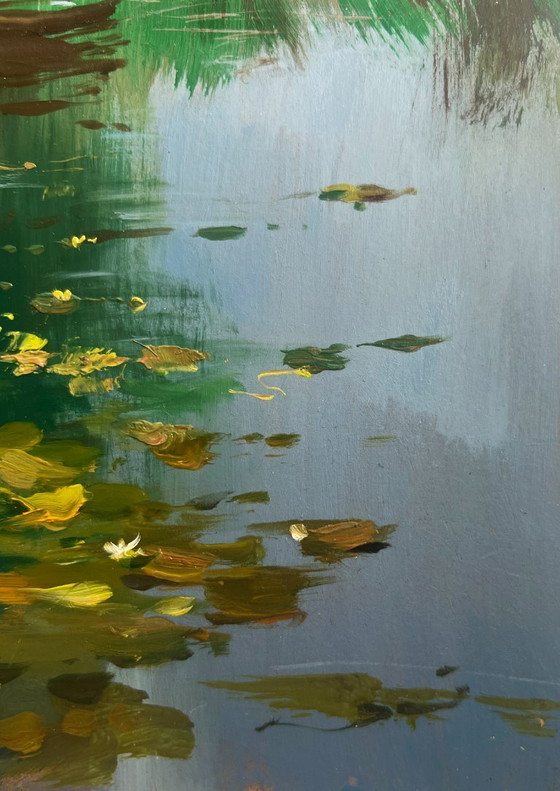Image 1 of Peinture à l'huile originale représentant un paysage côtier d'été, avec un pêcheur près d'un arbre solitaire.