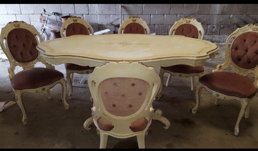 Wit craquelé barok eetkamer met 6 stoelen 