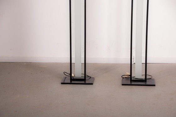 Image 1 of Set of Memphis style frosted glass floor lamps. Circa 1980