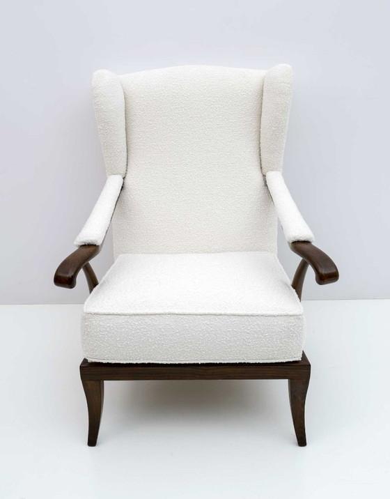 Image 1 of Paolo Buffa Mid-Century Modern Italian Walnut and Coating Boucle Armchair, 1950s