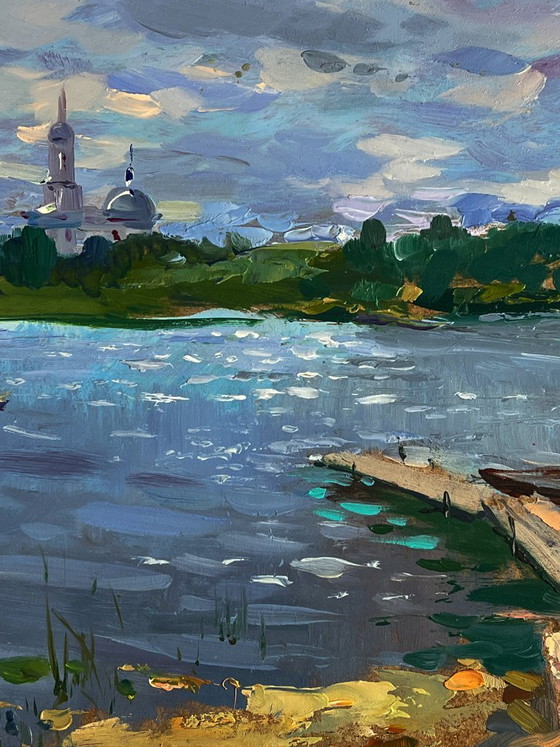 Image 1 of Origineel olieverfschilderij: Natuurlandschap, Kerk, Boot, Zomer, Vissen op de rivier