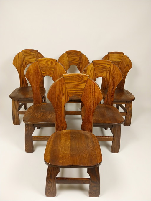 6 X Vintage Brutalist Dining Chairs In Oak, 1970s