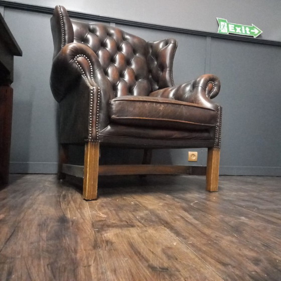 Ooorfauteuil of Wingchair Vintage George III Stijl – Wood, Leather (photo 8 of 14)