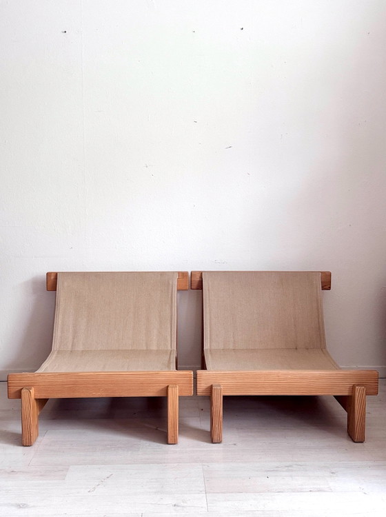 Vintage brutalist fauteuils sling chairs jaren 70, Canvas, Hout, Beige (foto 5 van 7)