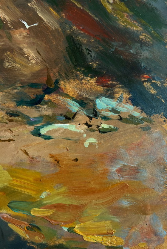 Image 1 of Original Oil Painting Coastal Mountain Landscape Sunlight through the clouds