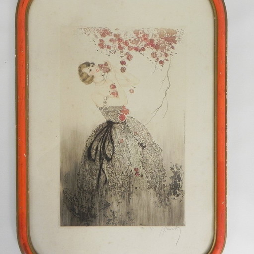 Litografía de Louis Icart con una dama y flores al estilo Art Déco, década de 1920.