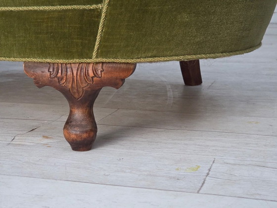 Image 1 of 1960s, Danish Curved 2-Seater Sofa, Green Furniture Velour, Oak Wood Legs