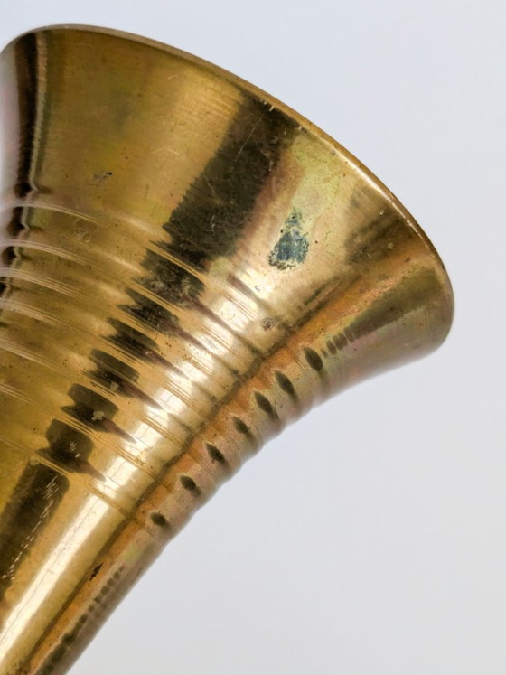 Vintage Solid Brass Trumpet-Shaped Pedestal Vase With Ribbed And Swirl Details (photo 11 of 15)