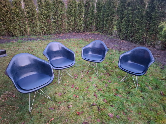 Image 1 of iconic Charles & Ray Eames, Herman Miller, authentic Fiberglass dark blue Shell Chairs, with "Eiffel" base