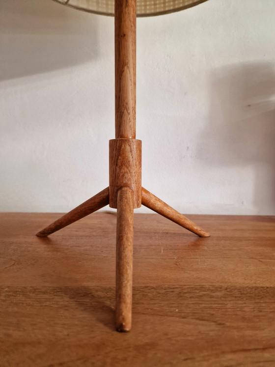 Vintage Danish Tripod Teak Table Lamp – Textile, Wood (photo 4 of 5)
