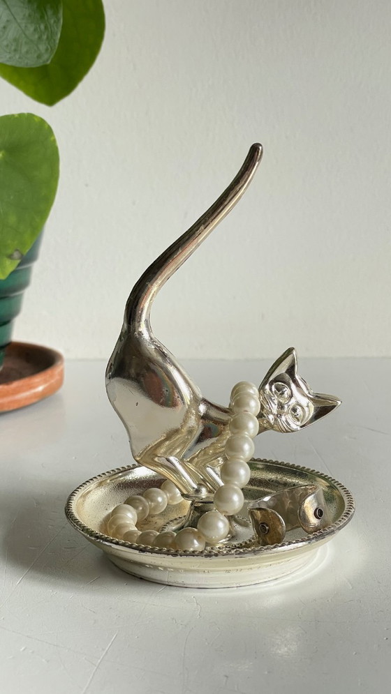 Image 1 of Zilverkleurig metalen katten sieradenbakje
